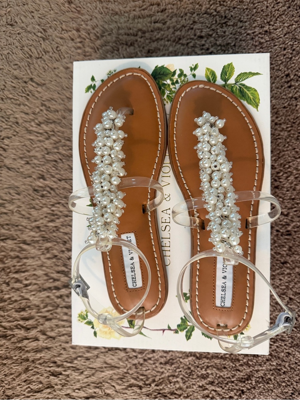 Brand New Chelsea & Violet Pearl-Embellished Clear-Strap Sandals, Size 7.5M